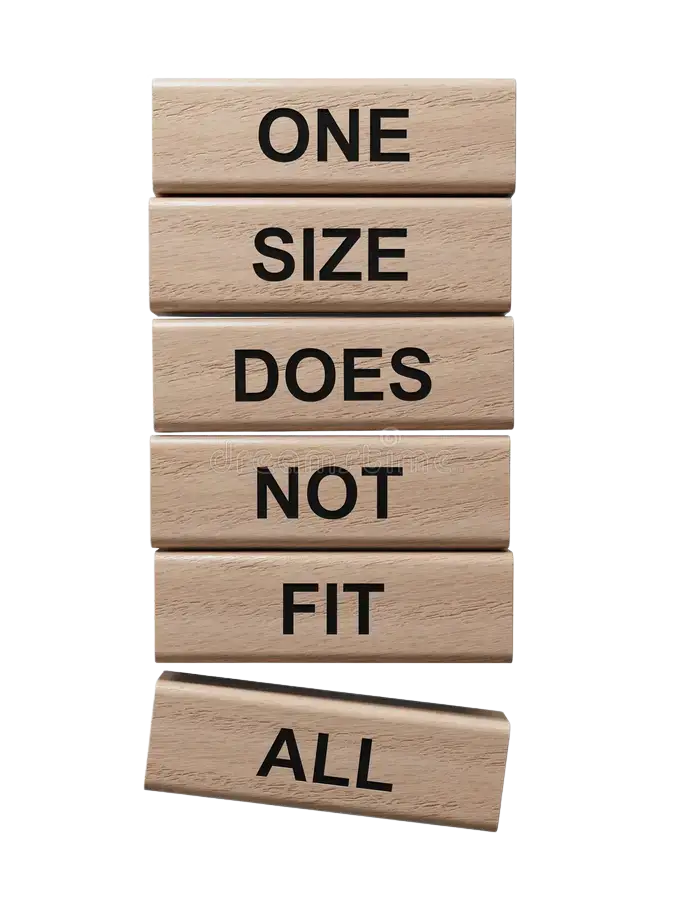 Stacked wooden blocks spelling one size does not fit all representing invoice funding solutions when traditional financing is not a good fit