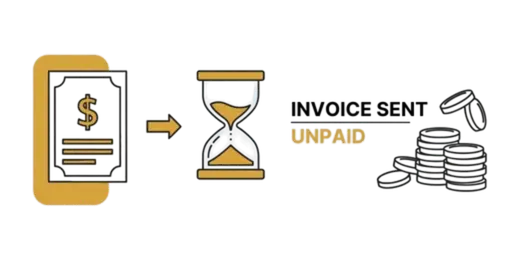 Unpaid invoice with hourglass showing delayed payment and need for invoice funding