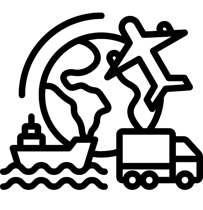 Outline of a truck, plane and ship around a globe representing worldwide freight, logistics and transportation businesses moving goods across multiple channels.
