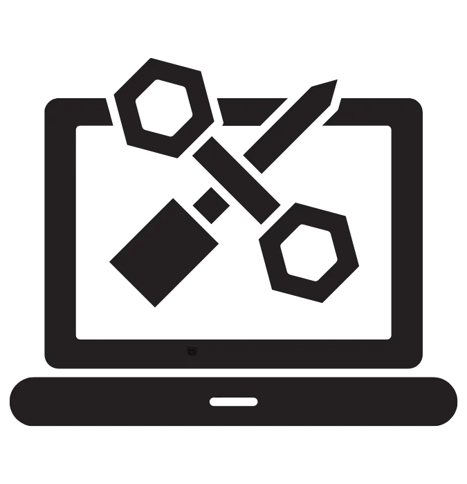 Silhouette of a computer with tools in front representing information technology services and technical support