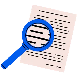 Magnifying glass inspecting a document during an invoice factoring agreement review to analyze rates, fees and contract terms.