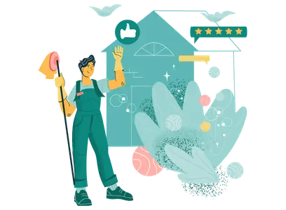 Janitor standing in front of a business with five stars to represent happy clients, strong service and janitorial business growth.