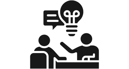 Two stick figures talking with a message bubble and a light bulb to represent professional conversations, collaboration and idea generation.
