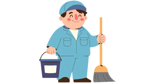 Smiling cartoon janitor representing janitorial businesses that use invoice funding to support payroll, supplies and cleaning contract growth.