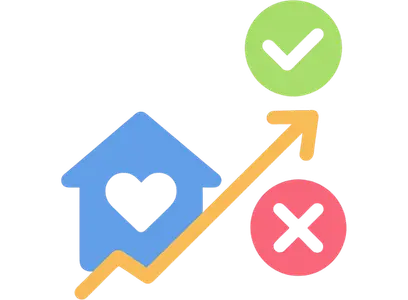 Homecare business growth illustration with upward arrow, check mark, and red x representing choosing the right invoice funding