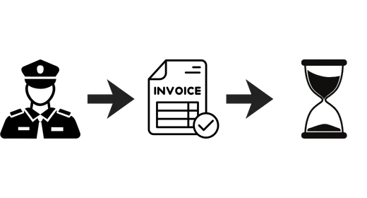 Security guard silhouette pointing to an invoice and hourglass representing delayed payments and security invoice funding