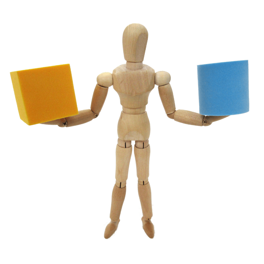 Wooden figure comparing two boxes to represent businesses reviewing invoice factoring fees and funding options