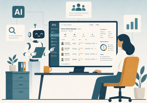 An illustration of AI in staffing, showing a recruiter using an AI-assisted ATS to review candidates and manage the hiring process.