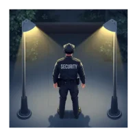 Security guard monitoring a home with bright exterior lights in the background